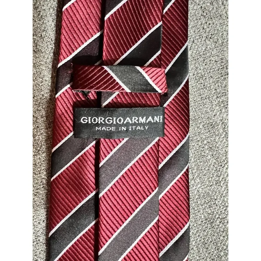 Giorgio Armani Striped Burgundy Silver 100% Silk Black Designer Men's Tie